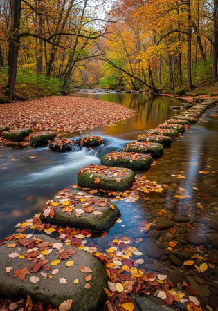 A serene autumn landscape with stepping stones across a gentle stream surrounded by vibrant fall foliageの写真素材