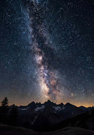A breathtaking night sky with the Milky Way shining brightly over a mountain range at duskの写真素材