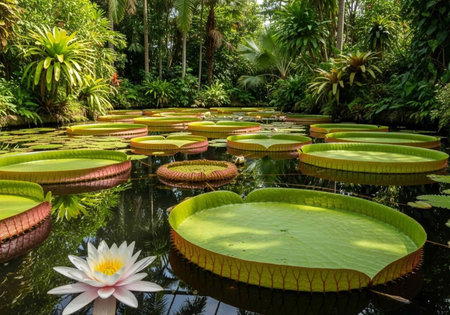 A serene pond with large lily pads and a beautiful white flower in a lush green environment