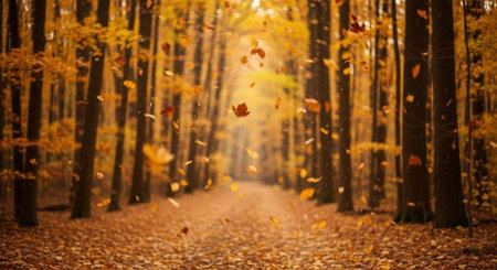 A serene forest path covered in fallen leaves during autumn with sunlight filtering through the...