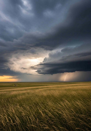 A dramatic stormy landscape with a vast field of tall grass under a dark cloudy sky