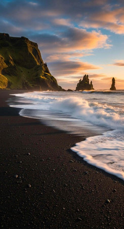A serene beach with black sand and rocky cliffs at sunset with vibrant colors in the sky