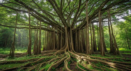 A serene forest landscape with a majestic tree and sprawling roots in a natural setting.