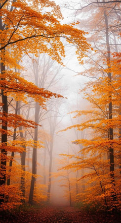 A serene forest landscape with vibrant orange trees on a foggy autumn day