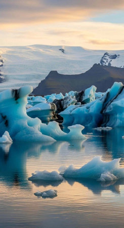 A serene landscape of icy blue glacier chunks floating in calm water with a mountainous background...