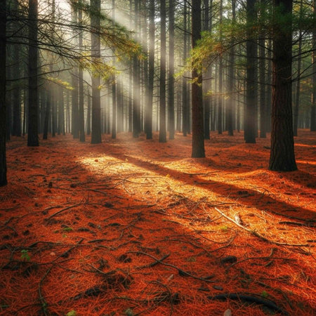 A serene forest landscape with sunlight filtering through the trees onto a bed of orange pine...