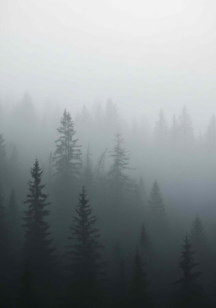 Foggy morning in the coniferous forest in the mountains