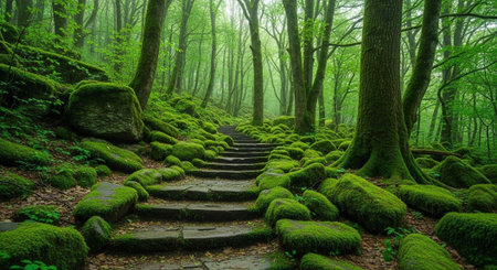 A serene forest path with moss-covered stone steps leading through a dense, vibrant green woodland...