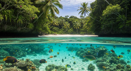 A serene tropical ocean scene with a coral reef and palm trees on a sunny day