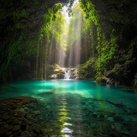 A serene and vibrant turquoise pool surrounded by lush greenery and illuminated by natural light