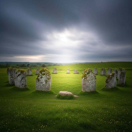 Stone circle in the middle of a meadow with cloudy sky backgroundの写真素材