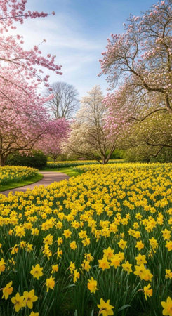 Spring landscape with blooming daffodils and cherry blossom