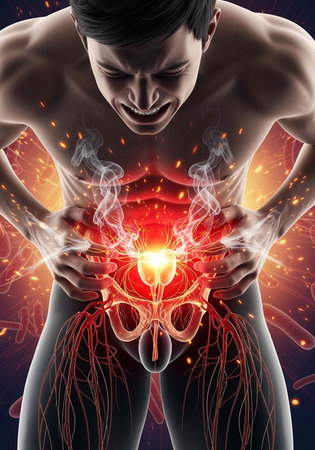 A man grimaces in pain, clutching his lower abdomen with visible glowing red and yellow pelvis.