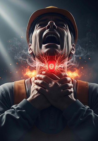 A worker in a hard hat and overalls grimacing in pain clutching his throat