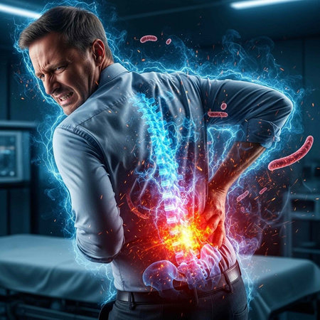 A man in a blue shirt grimaces in pain with glowing blue and red spine visible