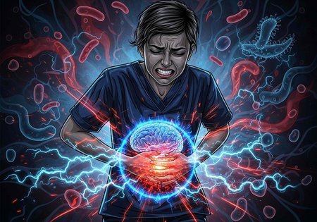 A woman in pain with glowing brain and stomach, surrounded by red and blue microbes