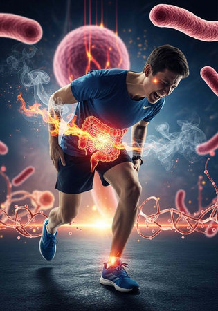 Runner in blue clothes clutching his stomach with glowing red intestines and bacteria surrounding...