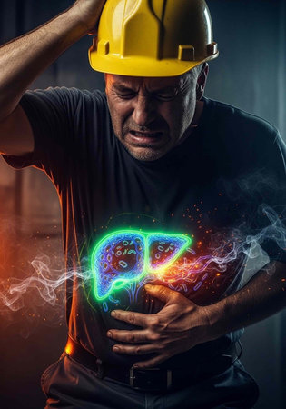 Man in hard hat and black t-shirt holding his chest with a neon kidney graphic