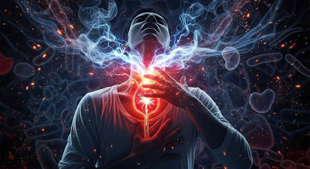Person clutching heart with red glow and blue smoke, surrounded by dark background with floating...