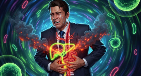 Man in suit holding abdomen with illuminated intestines, surrounded by neon lights and cells