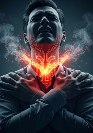 A man in pain with glowing red heart and veins exposed, clutching his chest in darkness and smoke