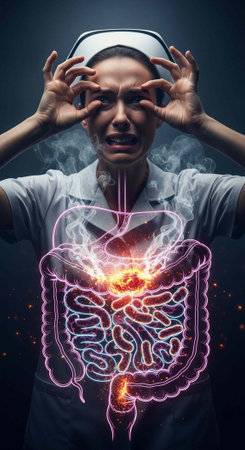 Female nurse in uniform with hands on face, glowing pink and orange internal organs visible