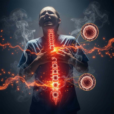 Person clutching their spine with glowing red vertebrae and discs, amidst smoke and flames.