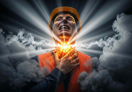 Man in safety gear with radiant light on his chest surrounded by clouds and beams