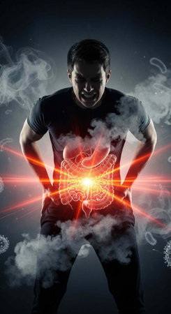 A man clutching his stomach in pain with glowing red intestines and smoke