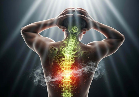 A person stands with hands on head, showcasing a glowing spine with red and yellow hues