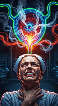 A nurse in a blue uniform and cap clutches her neck, eyes closed, with a colorful glowing orb...