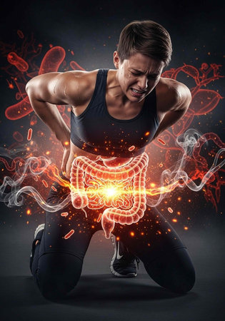 Kneeling man in pain with glowing red intestine and bacteria surrounding his abdomen