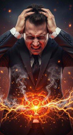 A stressed businessman in a black suit with his hands on his head, surrounded by fiery explosion and...