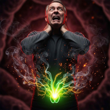 A man clutching his neck in agony with a glowing green light and smoke coming from his abdomen