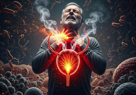 A man clutching his throat and stomach with glowing red internal organs and bacteria around him