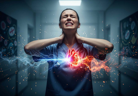 Female in blue scrubs clutching her neck and chest with fiery and electric sparks emanating