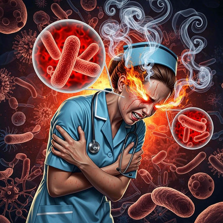 A female nurse in blue uniform with stethoscope, surrounded by bacteria and viruses, looking sick