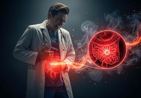 Male doctor in white coat clutching his stomach with a glowing red intestine illustrationの写真素材