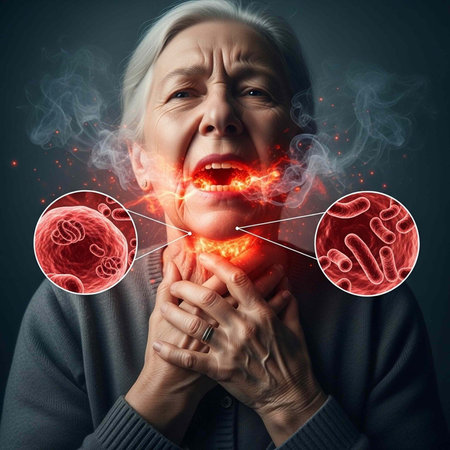 Senior woman clutching her throat in pain with glowing red bacteria graphics