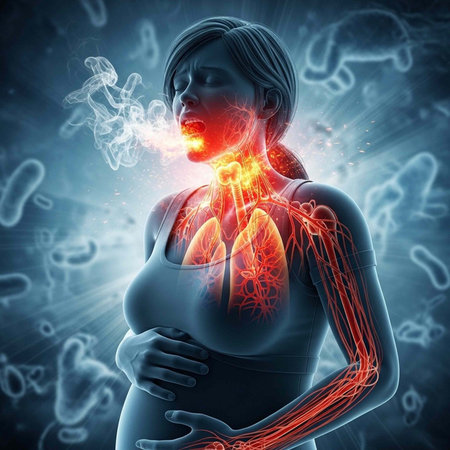 Woman with illuminated internal organs, specifically lungs and throat, showing signs of distress or...