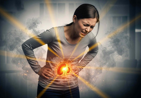Woman clutching her stomach in pain with a glowing kidney and yellow rays emanating from her abdomen