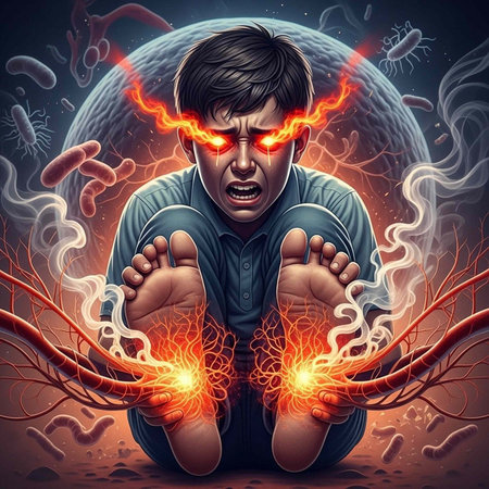 A man kneels in pain, with glowing red eyes and feet, amidst bacteria and viruses in a dark...