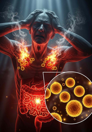 A man clutching his head and torso with glowing red and yellow orbs indicating pain or infection