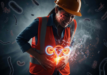Female worker in orange vest and hard hat clutching abdomen with glowing reproductive system and...
