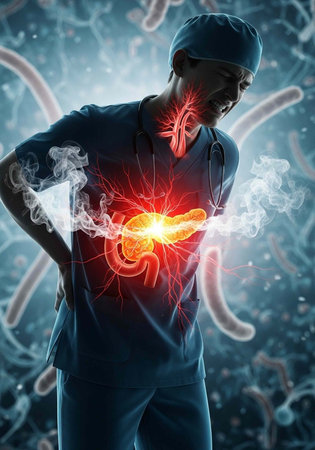 Medical professional with glowing red stomach and pain expression amidst bacteria