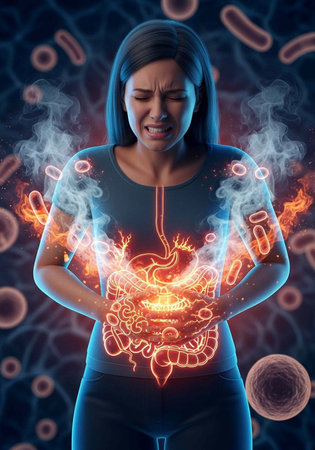 Woman with dark hair and blue shirt holding her stomach in pain, glowing red intestines visible