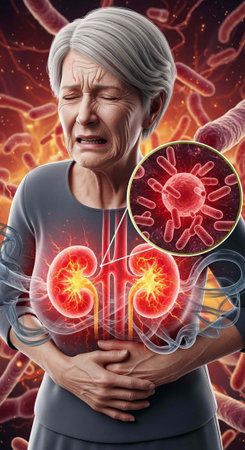 An older woman clutching her abdomen with inflamed kidneys and bacteria in the background