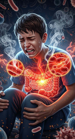 Young man clutching his stomach in pain with glowing red intestines and sweat