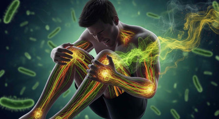 A shirtless man grimacing in pain, clutching his knee, with illuminated joints and bacteria in the backgroundの写真素材