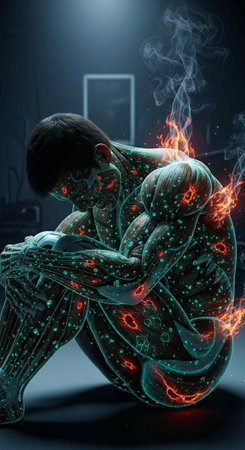 A person with illuminated veins and flames, sitting in a dark indoor setting with a spotlight
